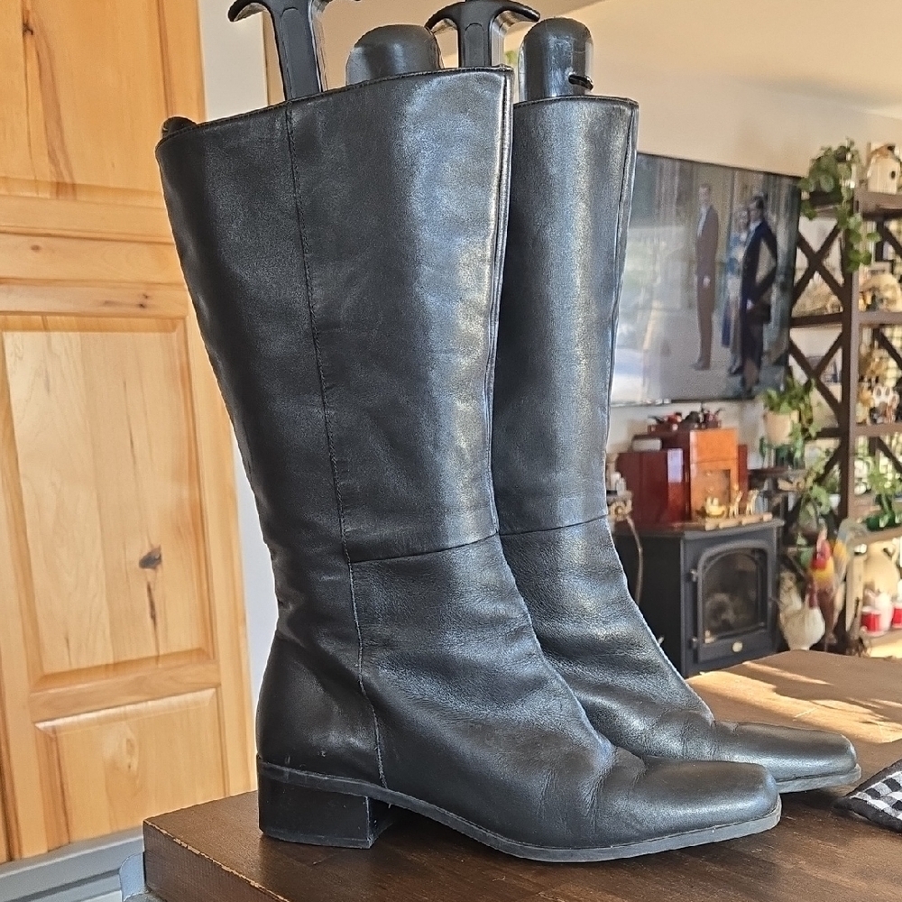 Black Leather Women's Boots 10 Wide Made In Brazil Square Heel And Toe Connie